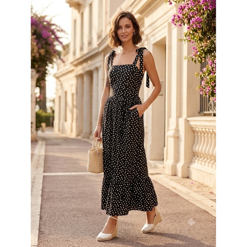 Rachel Zoe Womens Black White Polka Dot Tie‎ Strap Tiered Maxi Dress Small